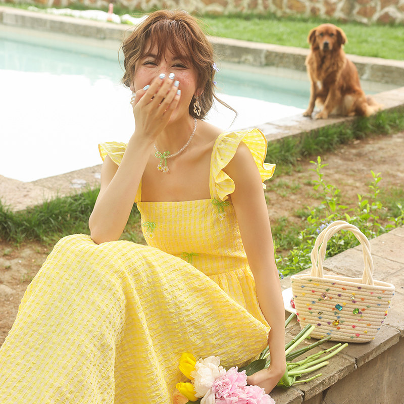 CLOUDSEASON樱桃无袖连衣裙荷叶边吊带黄色长裙夏高腰A字显瘦修身