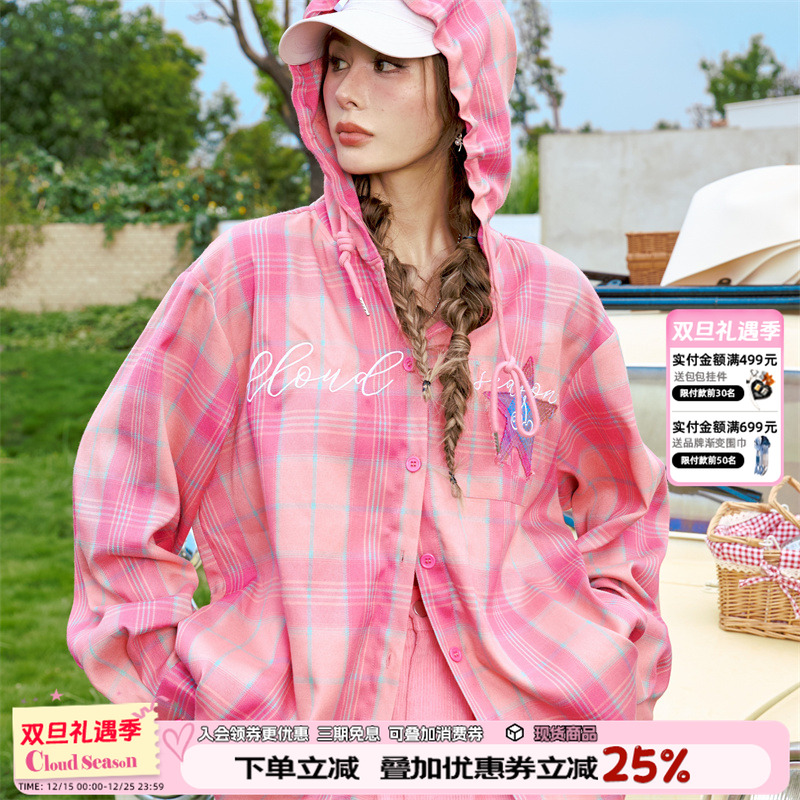 CLOUDSEASON花样甜心格子上衣衬衫女2025初秋上衣小个子长袖外套
