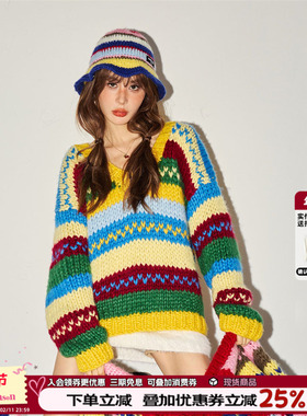 CLOUDSEASON条纹间色毛衣春秋2025新款小个子慵懒风条纹加厚上衣