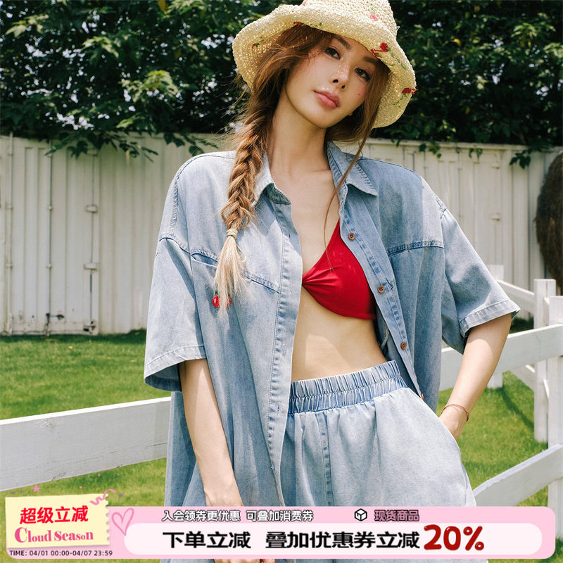 戚砚笛同款松弛感樱桃牛仔短裤女款初春2026新款外穿套装短裤