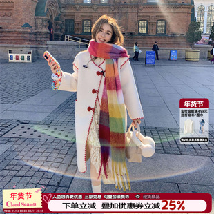 CLOUDSEASON盘扣拼色大衣女款2026新款冬季小个子白色中长款外套