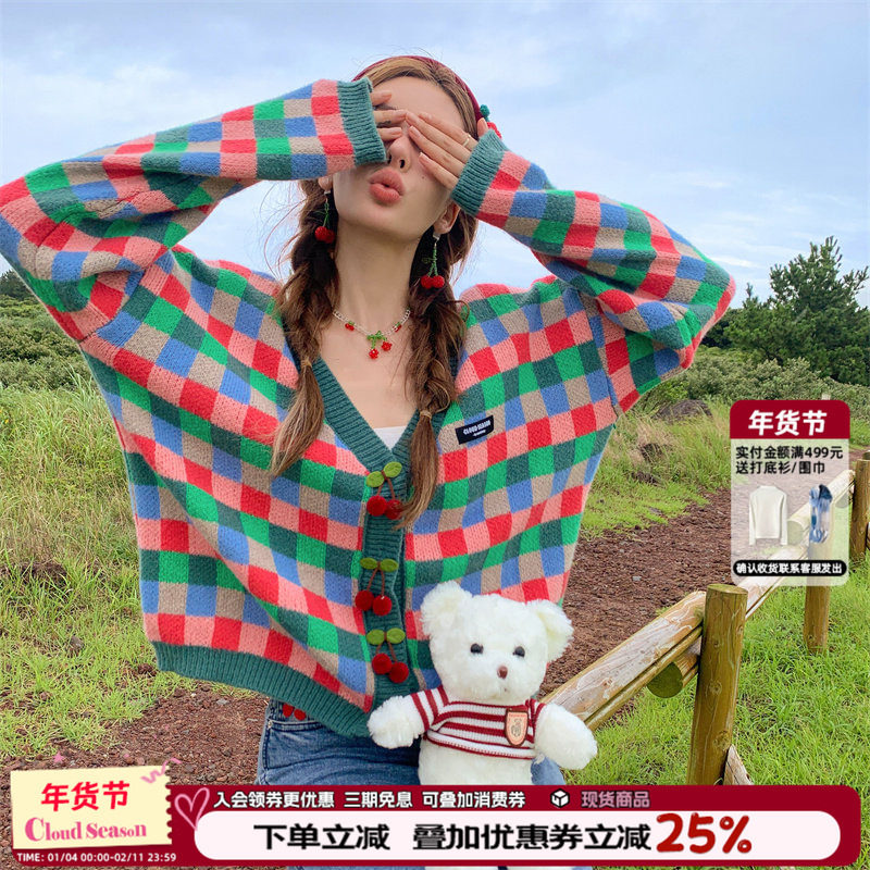 CLOUDSEASON格子复古v领开衫针织外套女新款甜美通勤百搭气质上衣,女装/女士精品,毛针织衫,淘宝优惠券,粉丝福利购,淘宝优惠卷