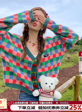 CLOUDSEASON格子复古v领开衫针织外套女新款甜美通勤百搭气质上衣