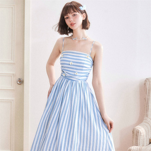 女夏季 蓝色吊带裙 CLOUDSEASON度假风小雏菊条纹连衣裙2024新款