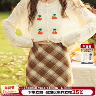 CLOUDSEASON格纹毛呢半身裙女2026初春新款小个子显瘦包臀短款裙