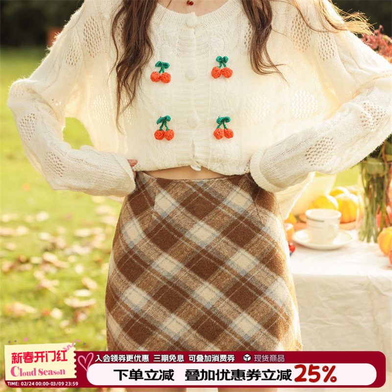 CLOUDSEASON格纹毛呢半身裙女2026初春新款小个子显瘦包臀短款裙