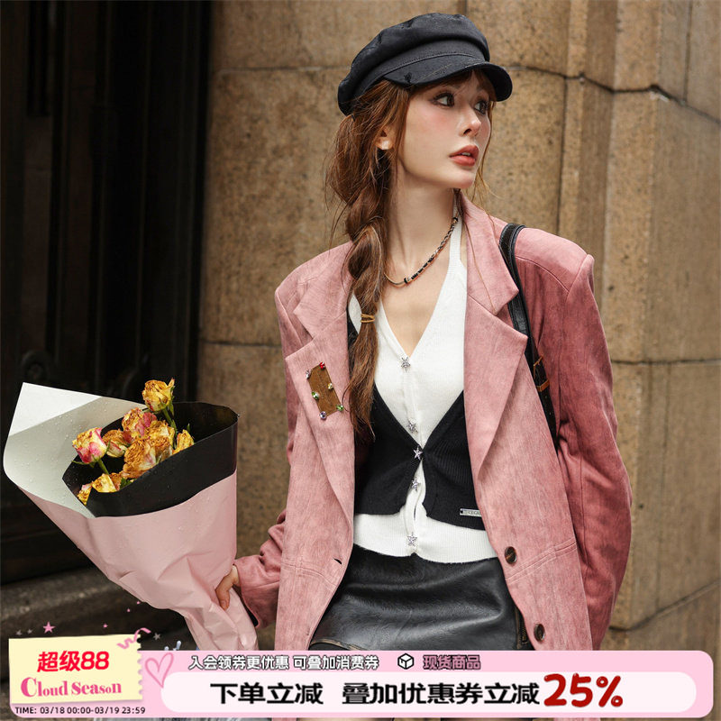 CLOUDSEASON烟粉色麂皮西装外套女小个子高级感2026初春外套新款