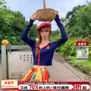 CLOUDSEASON藏蓝针织衫春季新款上衣女短款紧身设计感小众小个子