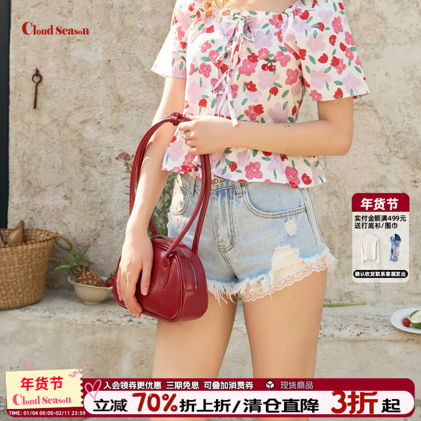 CLOUDSEASON蕾丝短裤拼接假两件牛仔短裤夏短裤女外穿夏短裤套装