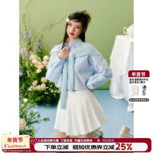 CLOUDSEASON带披肩双口袋短衬衣衬衫上衣女设计感小众蓝色时尚款