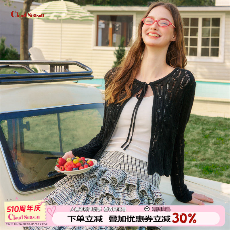 CLOUDSEASON花边镂空针织开衫外套薄款2026新款外搭黑色开衫外搭