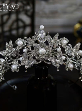 新款奢华重工灵动蝴蝶闪亮水钻贝珠皇冠新娘结婚头饰发饰公主王冠