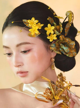 新中式金色花朵新娘发饰套装头饰