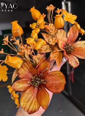 新款橙色仿真花对夹头饰新娘结婚造型晨袍配饰高级感甜美边夹发饰