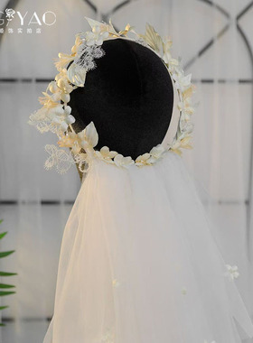 新娘超仙森系拍照花环头饰头纱婚纱礼服影楼旅拍外景写真跟妆配饰