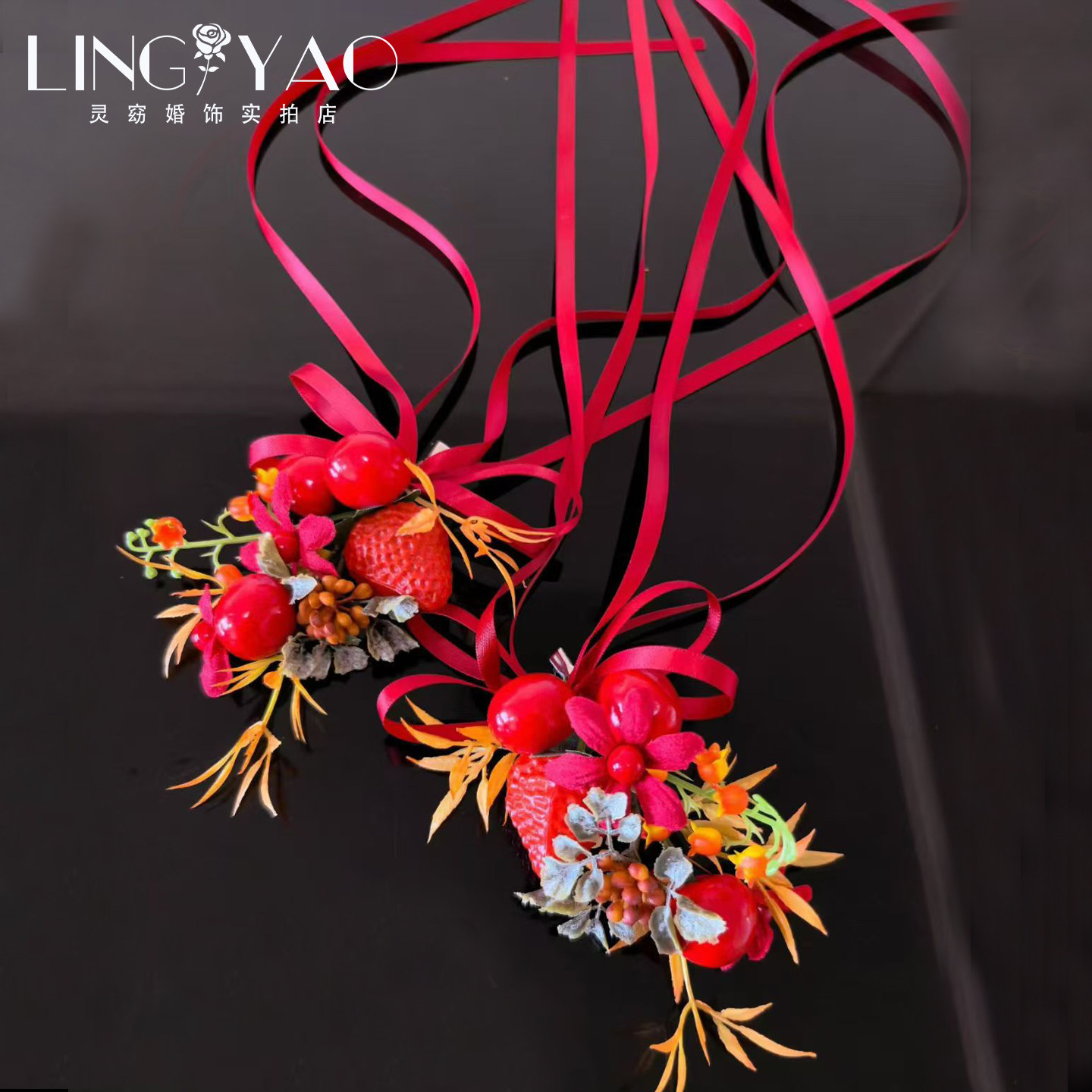 新年红色仿真花发饰女蝴蝶结丝带花朵头饰本命年吉祥物氛围感配饰