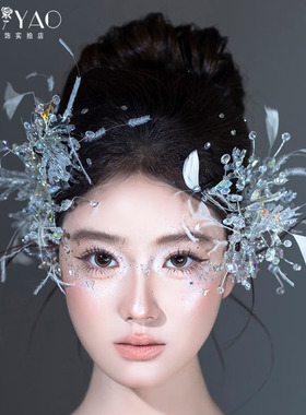 新娘超仙韩式精致水晶头饰高级感灵动羽毛婚纱造型公主走秀配饰品