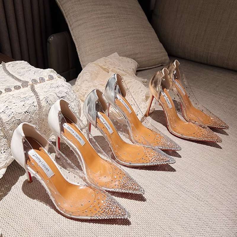 高跟鞋女2025年春季新款细跟尖头法式透明闪水晶单鞋水钻婚鞋银色