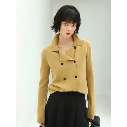 COCOBELLA气质简约双排扣翻领毛衣女OL针织开衫MZ152B