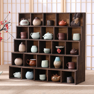 实木桌上收纳柜置物架博古架茶具茶杯架茶托盒多宝阁茶柜阶梯格子