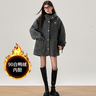 高级感连帽羊绒呢子大衣女冬季深灰色小个子羊毛呢外套羽绒服内胆
