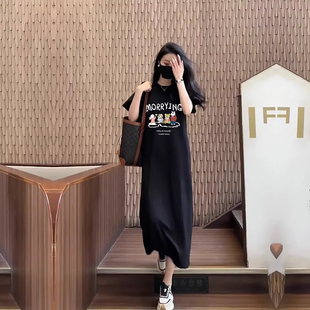 中长款连衣裙过膝长裙夏季潮学生休闲圆领宽松遮肉短袖t恤裙子女
