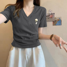 纯棉正肩短袖t恤女夏大码胖mm褶皱收腰v领内搭修身打底衫短款上衣