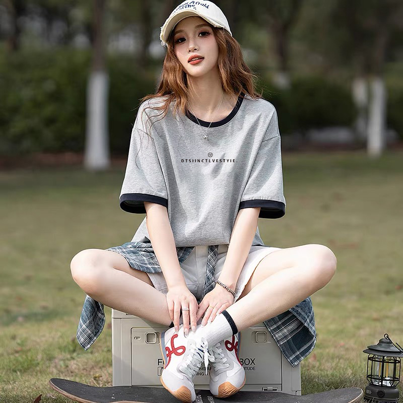 美式港风正肩短袖女宽松显瘦上衣