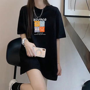 ins短袖t恤女宽松大bf风2022夏季韩版个性卡通中长款下衣失踪上衣