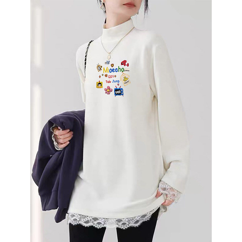 白色蕾丝花边德绒长袖T恤女秋冬宽松内搭半高领打底衫中长款上衣