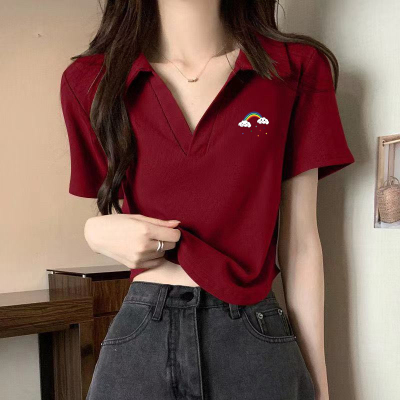 高级感酒红色polo领短袖t恤女