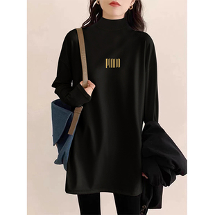 小个子宽松磨毛打底衫女秋冬保暖内搭中长款遮屁股上衣半高领T恤