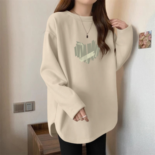 杏色打底衫女春秋冬季中长款遮屁股长T恤保暖德绒内配鲨鱼裤上衣