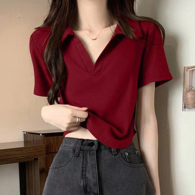 高级感酒红色polo领短袖t恤女