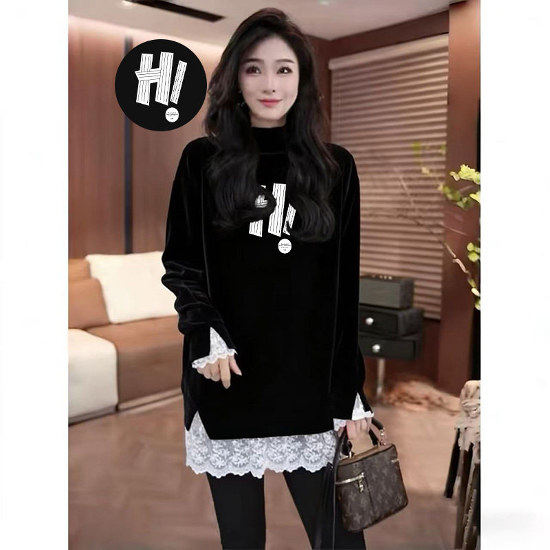 设计感蕾丝拼接长袖宽松T恤女秋冬半高领打底衫中长款德绒上衣ins