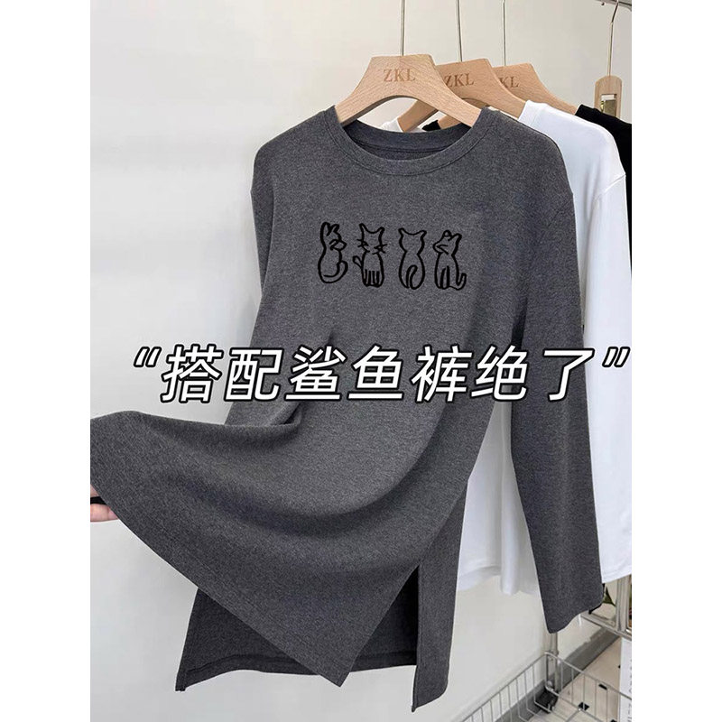 磨毛长袖T恤女春秋冬保暖内搭中长款遮屁股上衣设计感开叉打底衫,女装/女士精品,T恤,淘宝优惠券,粉丝福利购,淘宝优惠卷