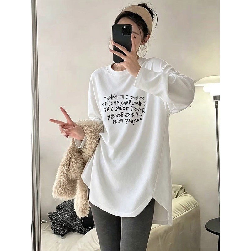 美式休闲慵懒风百搭纯棉长袖T恤女设计感oversize中长款遮臀上衣