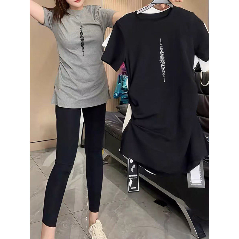 高级感黑色中长款短袖T恤夏女装小个子休闲气质收腰褶皱打底上衣