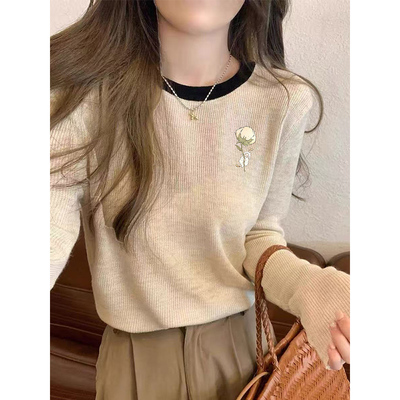 撞色正肩长袖纯棉T恤女春秋冬