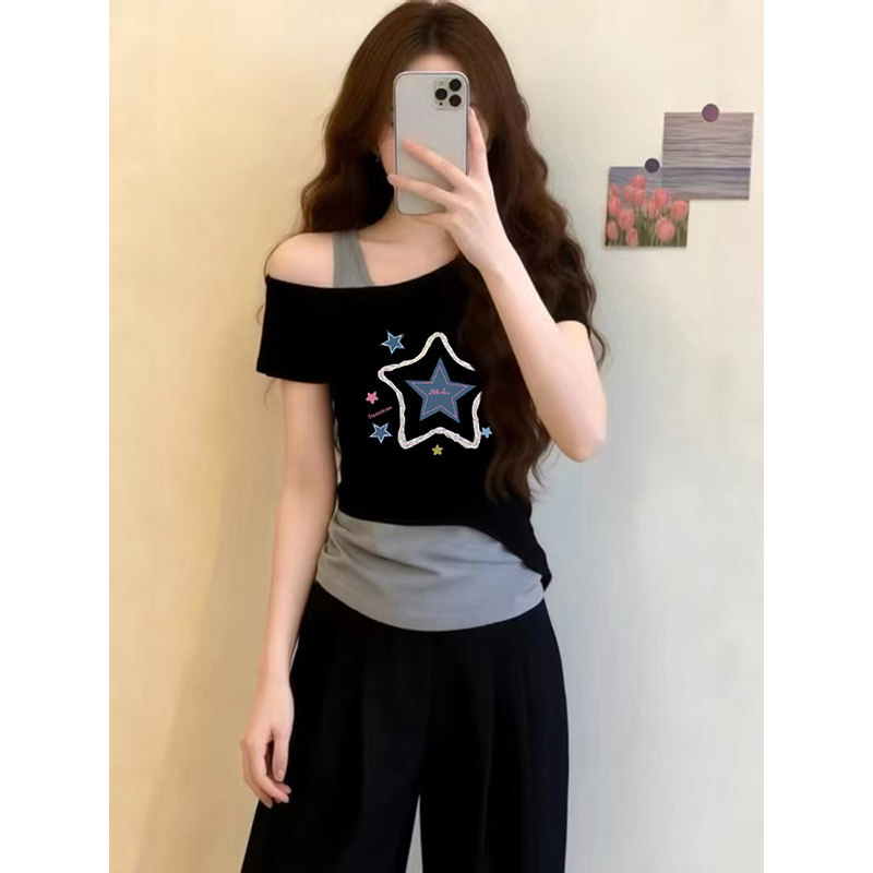 纯棉短袖T恤女夏天撞色减龄百搭假两件短款上衣设计感露肩打底衫
