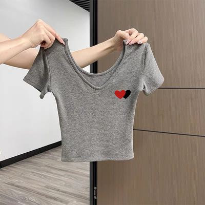 2025年新款正肩V领短袖T恤女纯棉