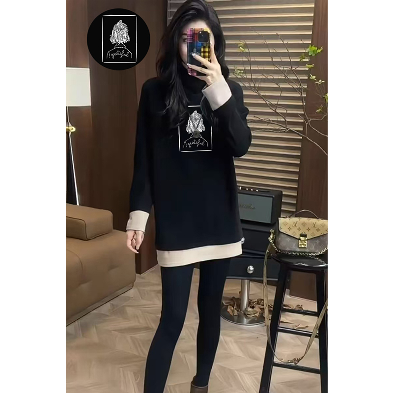 假两件撞色加厚T恤女宽松内搭黑色显瘦中长款打底衫德绒高领上衣
