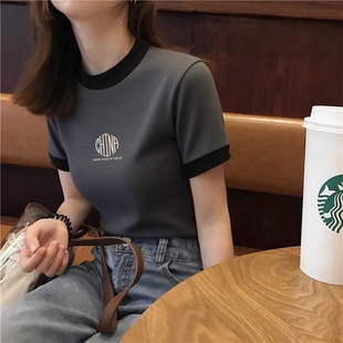 撞色减龄灰色短袖 女正肩T恤夏季 甜辣妹高腰短款 上衣小个子打底衫