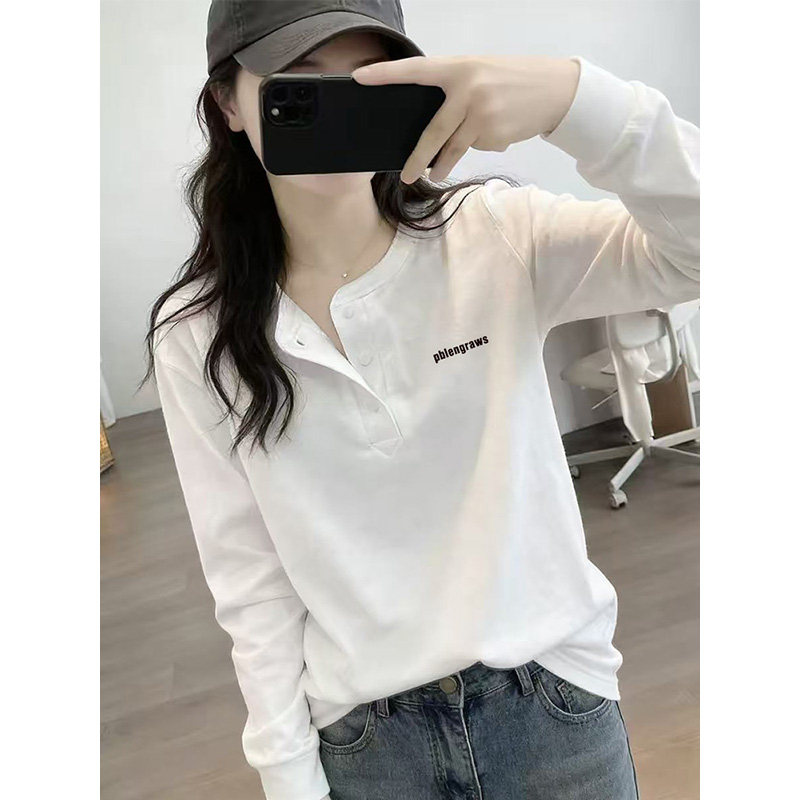 纯棉长袖T恤女白色内搭半开领纽扣上衣春秋季正肩宽松显瘦打底衫