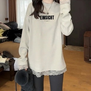 蕾丝长袖T恤女春秋冬季卫衣内搭叠穿加厚款德绒打底衫半高领上衣