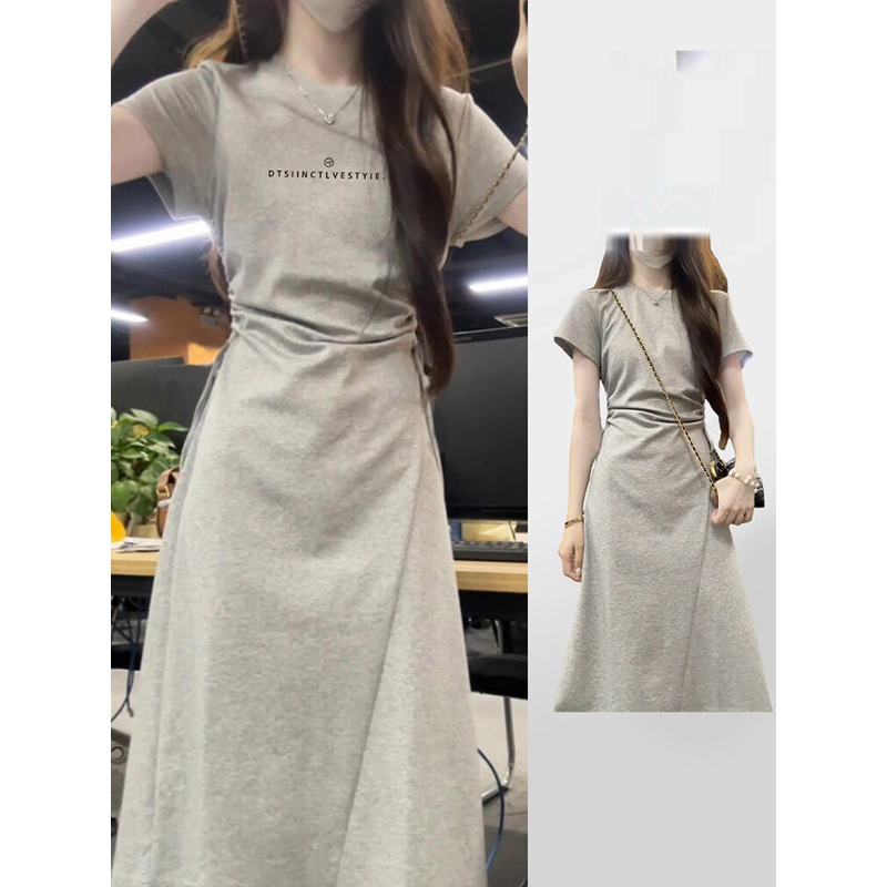纯欲风辣妹短袖连衣裙子女夏收腰气质设计感修身显瘦辣妹a字长裙