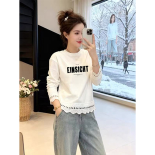 圆领上衣 T恤女春秋胖mm显瘦宽松打底衫 大码 纯棉白色镂空蕾丝长袖