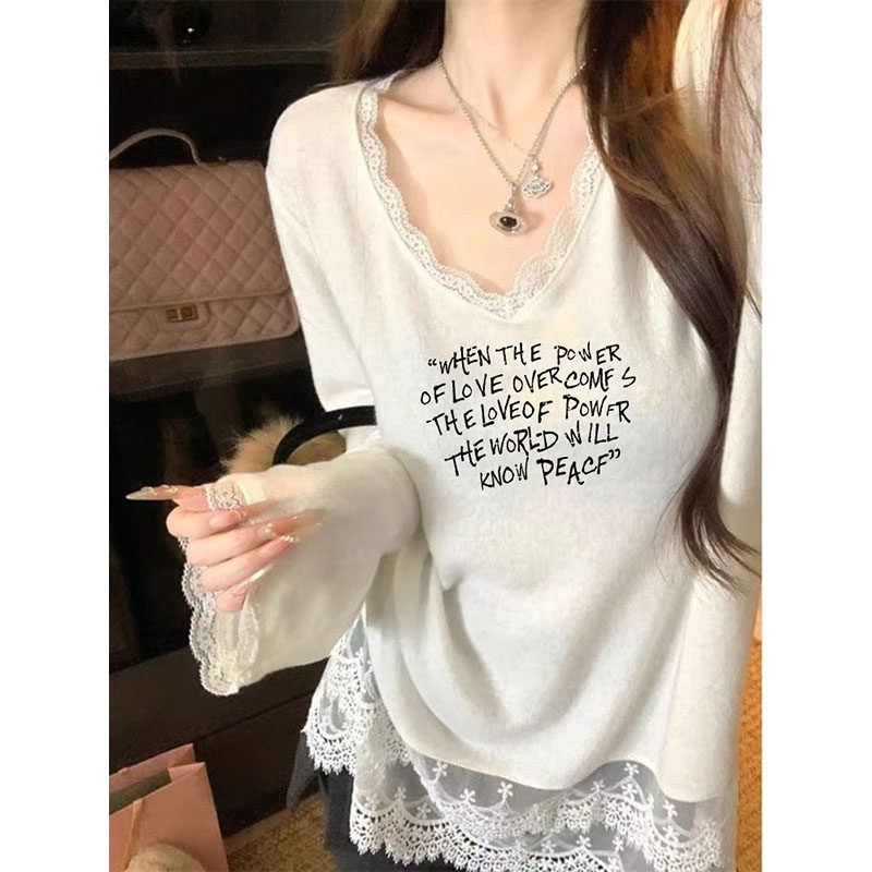 洋气V领打底衫女中长款遮屁股上衣秋冬设计感小众蕾丝花边长袖T恤