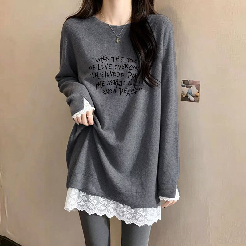 中长款长袖T恤女高级感字母印花德绒打底衫oversize蕾丝拼接上衣
