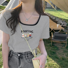 正肩t恤女短袖方领撞色胖mm大码女装显瘦百搭宽松遮肚子纯棉上衣